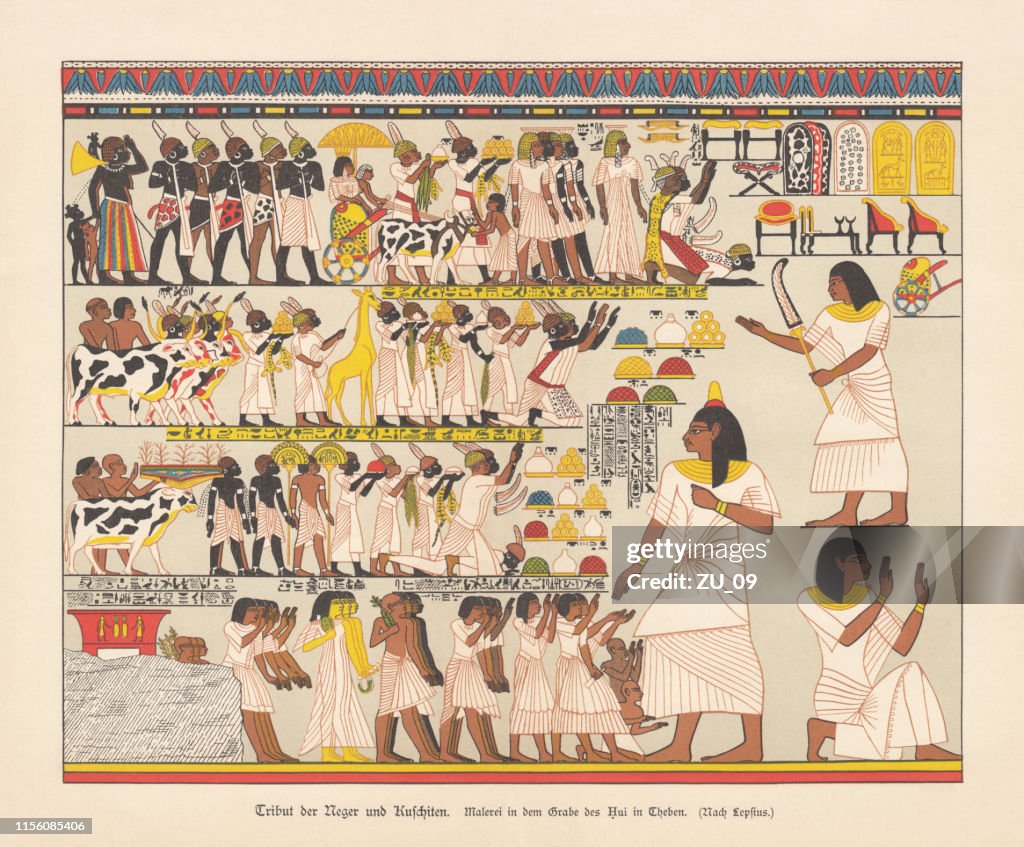 Tributes of African tribes, Thebes, Qurnet Murrai, chromolithograph, published 1879