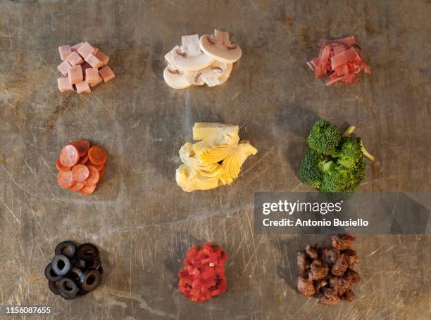 pizza ingredients - pizza with ham stock pictures, royalty-free photos & images