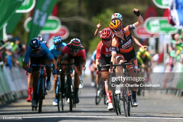 Arrival / Amy Pieters of The Netherlands and Team Boels Dolmans / Celebration / Leah Kirchmann of Canada and Team Sunweb / Roxane Fournier of France...