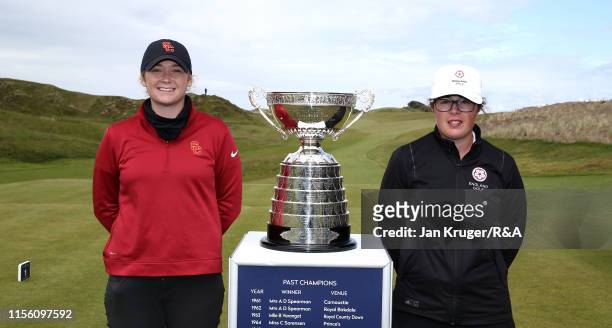Amerlia Garvey of New Zealand and Emily Toy of England pose ahead of the final match on day five of the R&A Womens Amateur Championship at Royal...