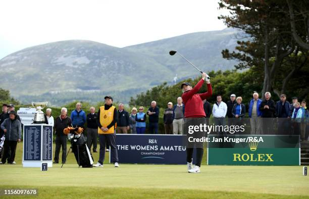 Amerlia Garvey of New Zealand tees during the final match on day five of the R&A Womens Amateur Championship at Royal County Down Golf Club on June...