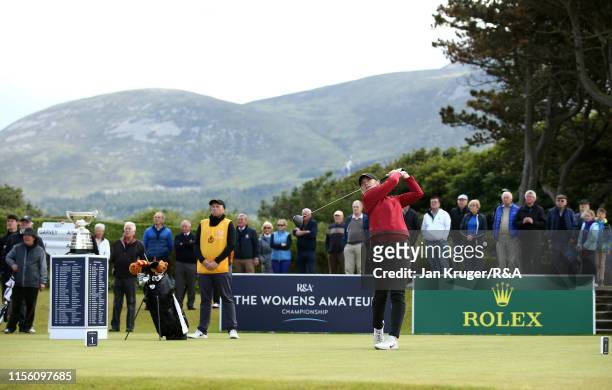 Amerlia Garvey of New Zealand tees during the final match on day five of the R&A Womens Amateur Championship at Royal County Down Golf Club on June...