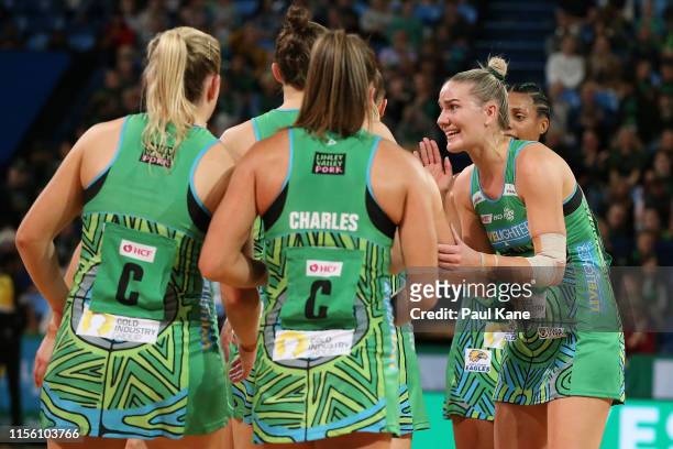 Courtney Bruce of the Fever addresses her team during the round 8 Super Netball match between the Fever and the Thunderbirds at RAC Arena on June 15,...