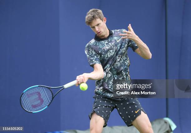 Nicolas Jarry of Chile during the qualifying rounds prior to the Fever-Tree Championships at Queens Club on June 15, 2019 in London, United Kingdom.