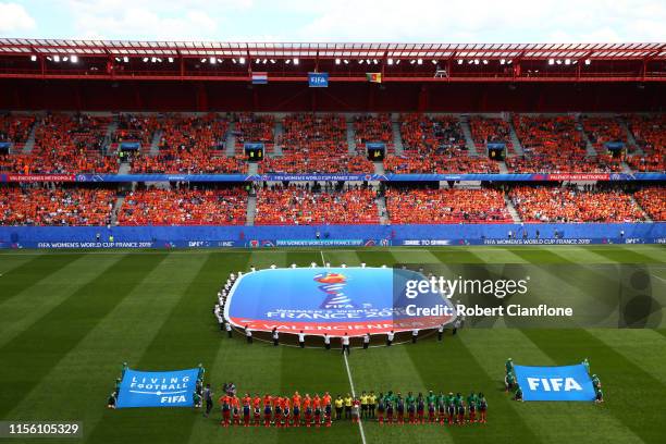 General view inside the stadium as the teams line up prior to the 2019 FIFA Women's World Cup France group E match between Netherlands and Cameroon...