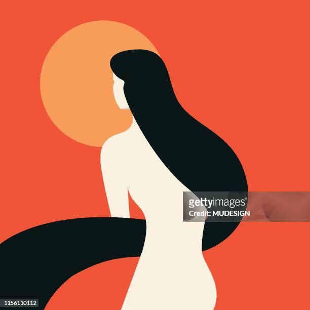 ilustrações, clipart, desenhos animados e ícones de a mulher nova olha o por do sol - longo