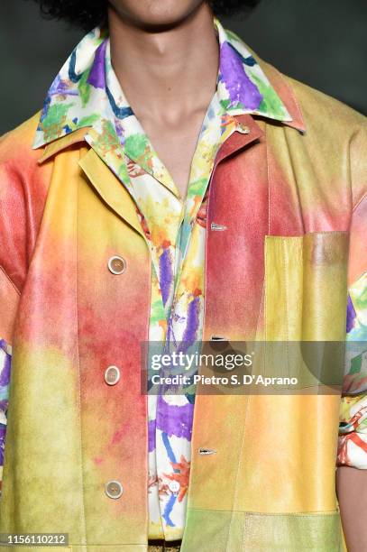 Model, fashion detail, walks the runway at the Marni show on June 15, 2019 in Milan, Italy.