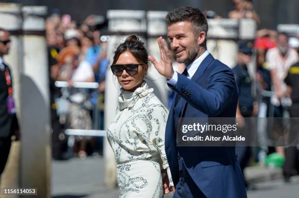 David Beckham and wife Victoria Beckham attend the wedding of real Madrid football player Sergio Ramos and Tv presenter Pilar Rubio at Seville's...