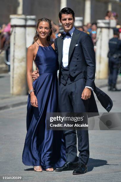 Alvaro Morata and wife Alice Campello attend the wedding of real Madrid football player Sergio Ramos and Tv presenter Pilar Rubio at Seville's...