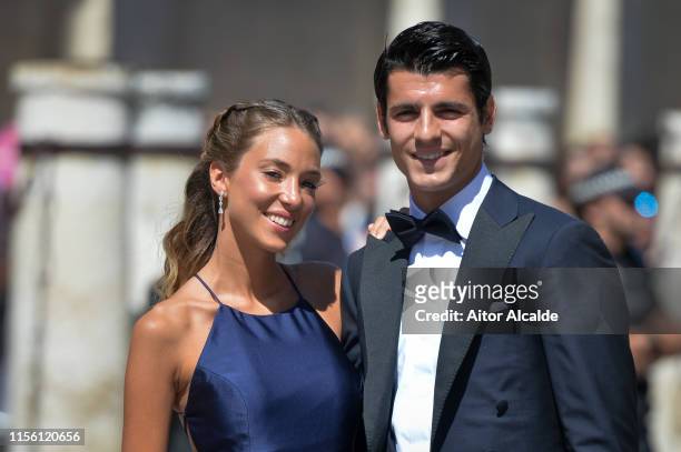 Alvaro Morata and wife Alice Campello attend the wedding of real Madrid football player Sergio Ramos and Tv presenter Pilar Rubio at Seville's...