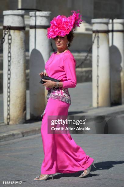 Naty Abascal attends the wedding of real Madrid football player Sergio Ramos and Tv presenter Pilar Rubio at Seville's Cathedral on June 15, 2019 in...