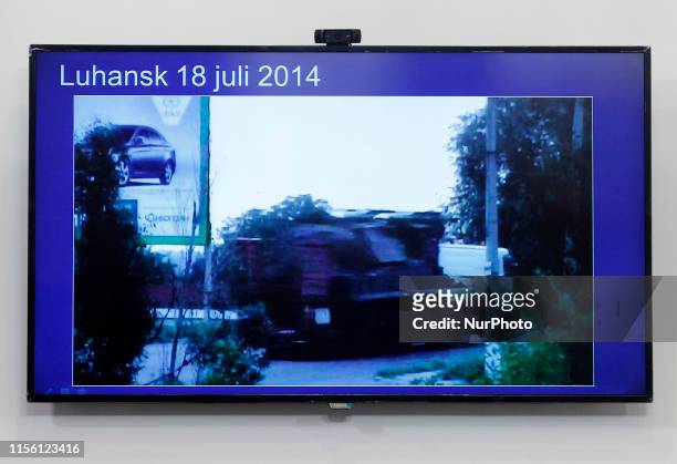 View of a screen during a presentation of Bellingcat Investigation Group on the Malaysia Airlines MH17 plane accident in Kiev, Ukraine, on 17 July...