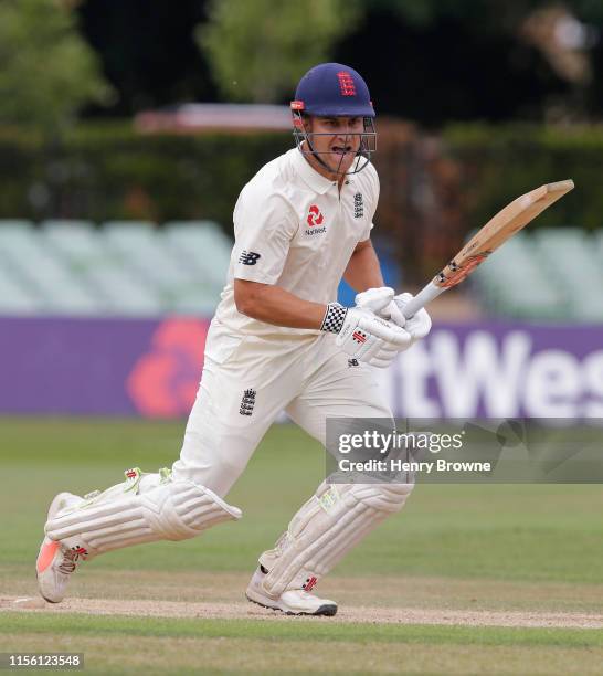 Sam Hain of England Lions plays a shot during the match between England Lions and Australia A at The Spitfire Ground on July 17, 2019 in Canterbury,...