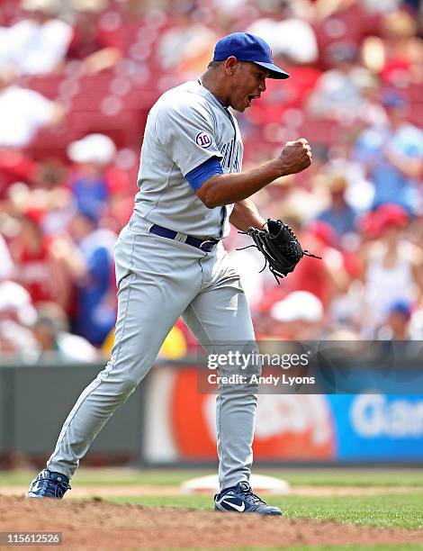 Carlos Marmol of the Chicago Cubs celebrates after the final out of the game against the Cincinnati Reds at Great American Ball Park on June 8, 2011...