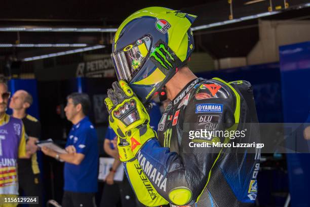 Valentino Rossi of Italy and Yamaha Factory Racing prepares to start in box during the MotoGp of Catalunya - Qualifying at Circuit de Catalunya on...