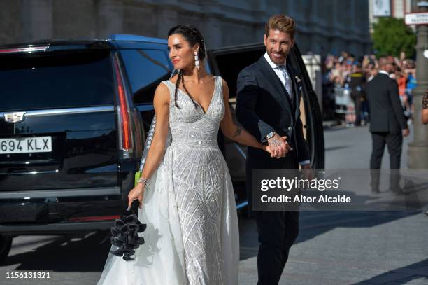 The bride Pilar Rubio and Sergio Ramos pose after their wedding at Seville's Cathedral on June 15, 2019 in Seville, Spain.