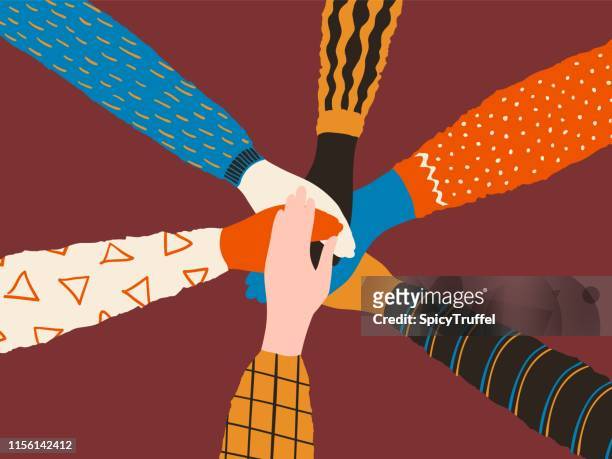 Friendship hands. Stack of different people hands, friends or team trendy concept. Vector cooperation and teamwork poster