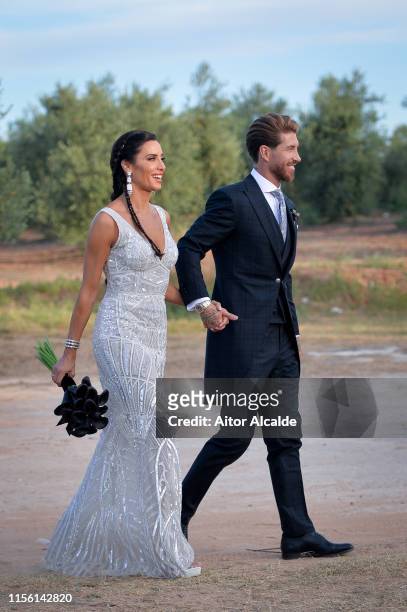 The bride Pilar Rubio and the groom Sergio Ramos pose before the wedding party on June 15, 2019 in Seville, Spain.