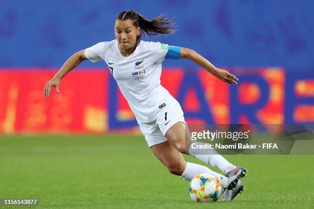 Ali Riley of New Zealand runs with the ball during the 2019 FIFA Women's World Cup France group E match between Canada and New Zealand at Stade des...