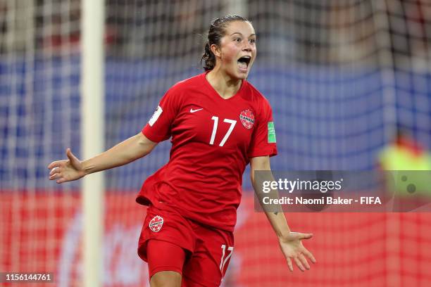 Jessie Fleming of Canada celebrates after scoring her team's first goal during the 2019 FIFA Women's World Cup France group E match between Canada...