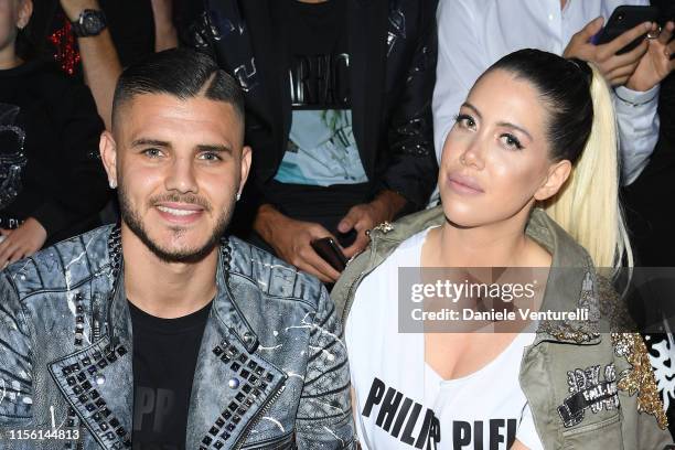 Mauro Icardi and Wanda Nara attends the Philipp Plein fashion show during the Milan Men's Fashion Week Spring/Summer 2020 on June 15, 2019 in Milan,...