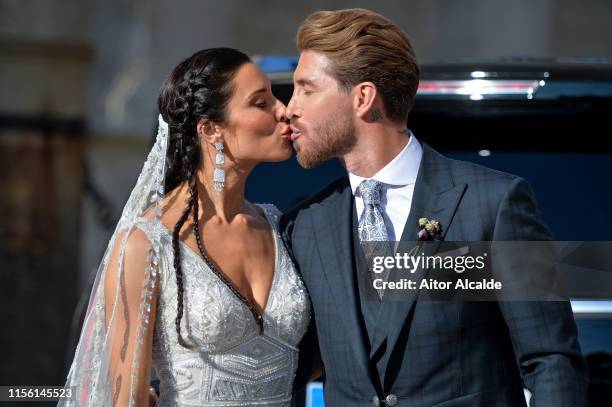 The bride Pilar Rubio and Sergio Ramos pose after their wedding at Seville's Cathedral on June 15, 2019 in Seville, Spain.