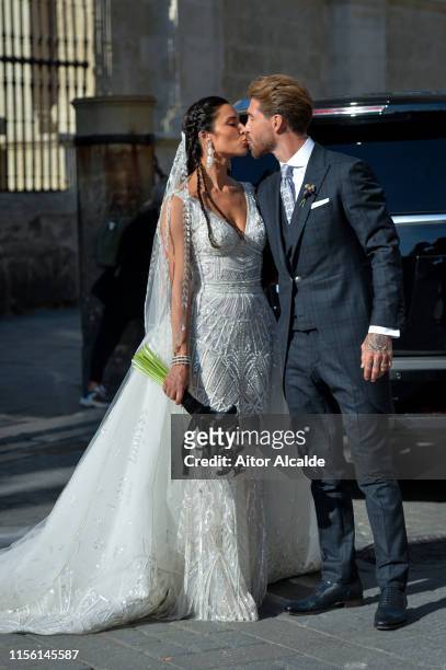 The bride Pilar Rubio and Sergio Ramos pose after their wedding at Seville's Cathedral on June 15, 2019 in Seville, Spain.