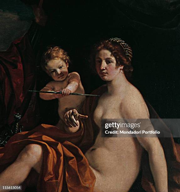 Italy; Emilia Romagna; Modena; Estense Gallery. Detail. Woman breasts nude body brown curls crown pearls gold gems/precious stones child Cupid bow...