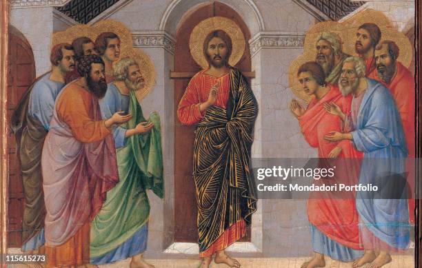 Italy. Tuscany. Siena. Cathedral. Verso cups. All of Appearance Behind Locked Doors. Christ blessing, at the center. Two groups of apostles on sides.