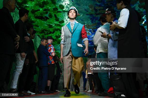 Model walks the runway at the Marni fashion show during Milan Men's Fashion Week Spring/Summer 2020 on June 15, 2019 in Milan, Italy.