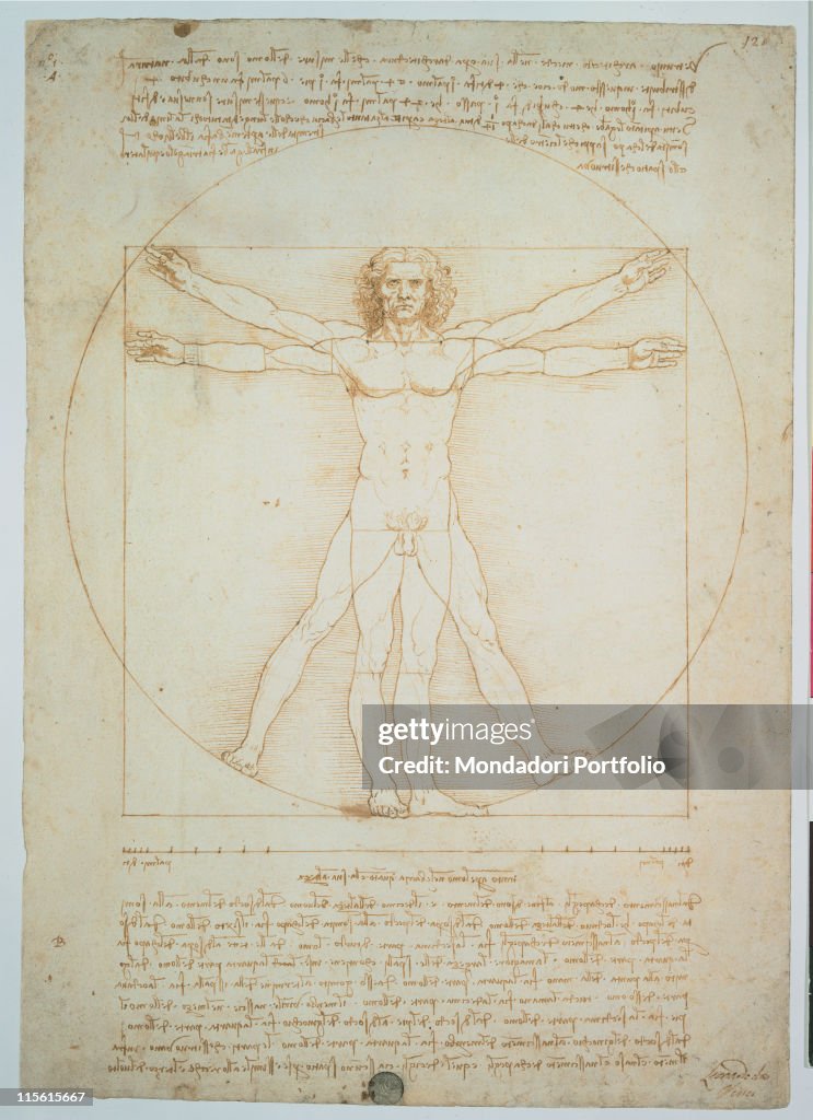 Vitruvian man - the proportions of the human body according to Vitruvius, by Leonardo da Vinci, 1490, 15th Century, metal point, pen and ink, touches of watercolor