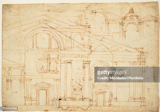 Italy; Tuscany; Florence; Uffizi gallery; inv. 72A. Sketches of various facade layouts/design/plan for the St Peter's Basilica - Titles by Antonio da...