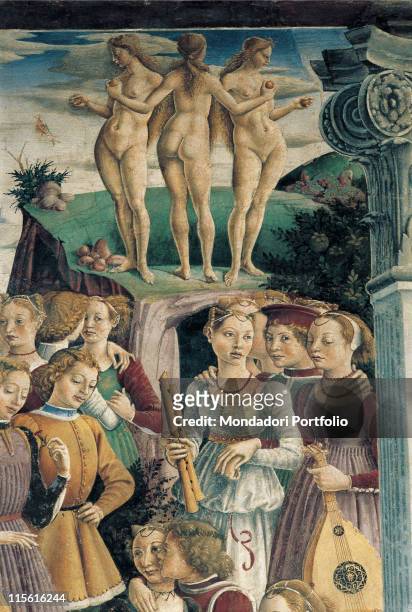 Italy; Emilia Romagna; Ferrara; Palazzo Schifanoia; salone dei Mesi parete est fascia superiore. Detail. Three Graces naked women apples column...