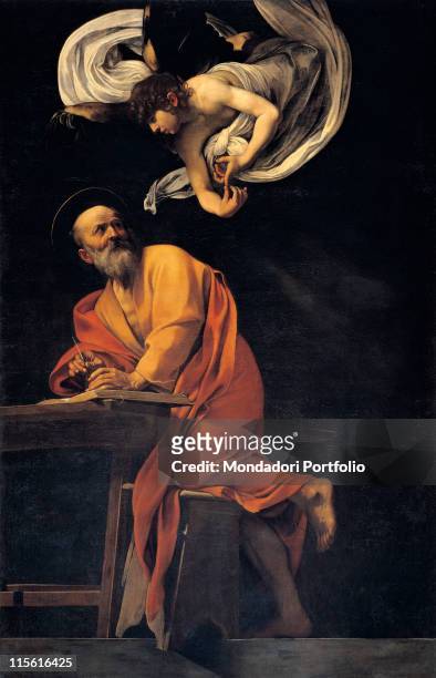 Italy; Lazio; Rome; San Luigi dei Francesi Church; Contarelli Chapel. Whole artwork. Man beard saint St Matthew dress/cloth orange red book table...
