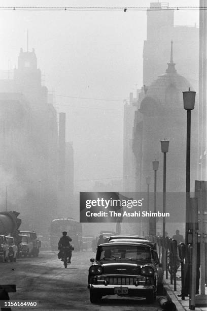 Marunouchi business district is covered with smog on January 4, 1963 in Tokyo, Japan.