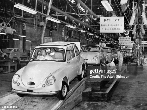 Subaru 360 are assembled on the production line at Fuji Heavy Industies Gunma Plant circa February 1963 in Ota, Gunma, Japan.