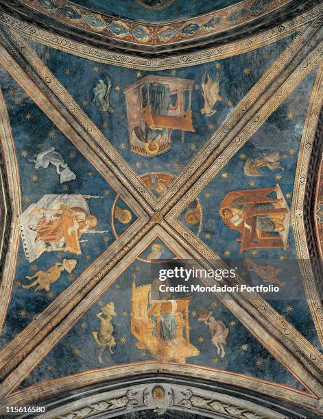 Italy; Lombardy; Lodi; San Francesco church. Whole artwork. Evangelists throne symbol blue
