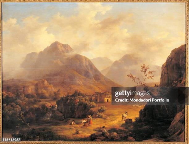 Italy; Lombardy; Milan; Brera Art Gallery. Whole artwork. Mountainous landscape small figures mule farmhouse flock sky clouds