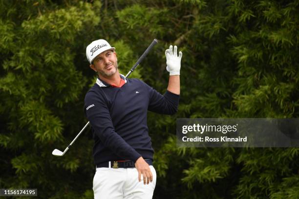 Scott Piercy of the United States plays a shot from the 12th tee during the third round of the 2019 U.S. Open at Pebble Beach Golf Links on June 15,...