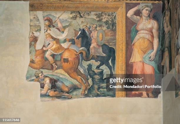 Italy; Lazio; Rome; Palazzo Spada; Sala dei Fatti degli Antichi Romani. Detail. Wall fresco fragment battle spears/lances soldiers horses...