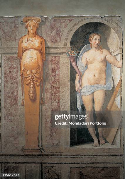 Italy; Lazio; Rome; Palazzo Spada; Sala dei Fatti degli Antichi Romani. Detail. Wall fresco woman allegory breasts cornucopia/horn of plenty...