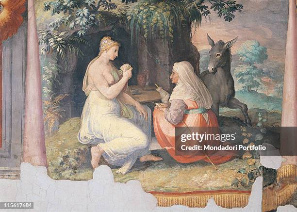 Italy; Lazio; Rome; Palazzo Spada; Sala di Amore e Psiche. Whole artwork. Wall painted drape/cloth fringes country scene old woman spindle thread...