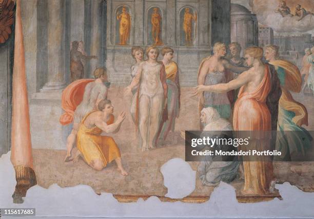 Italy; Lazio; Rome; Palazzo Spada; Stanza di Amore e Psiche. Detail. Painted drape/cloth fringes fresco classical buildings columns niches gilt...