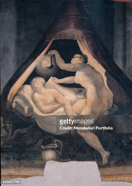Italy; Lazio; Rome; Palazzo Spada; Stanza di Amore e Psiche. Whole artwork. Cupid god Love sleeping sleep bed pallet canopy sheet pillow woman maid...