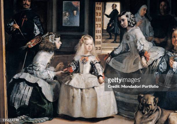 Spain. Madrid. Madrid. Prado National Museum. Detail of The Infanta Margarita and the Meninas . Dogs flowers pins hairpins/barrettes painter palette...