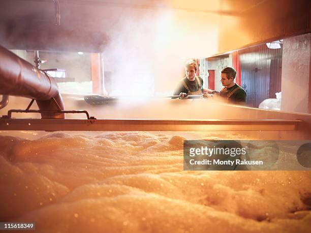 workers with tank of hot wort in brewery - brewery imagens e fotografias de stock