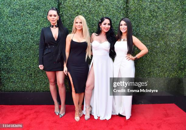 Jenni “JWoww” Farley, Lauren Sorrentino, Angelina Pivarnick and Deena Nicole Cortese attend the 2019 MTV Movie and TV Awards at Barker Hangar on June...