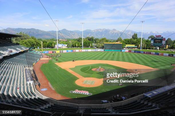 General view of Smith's Ballpark prior to the Minor League Baseball game between Salt Lake Bees and Sacramento River Cats at Smith's Ballpark on July...