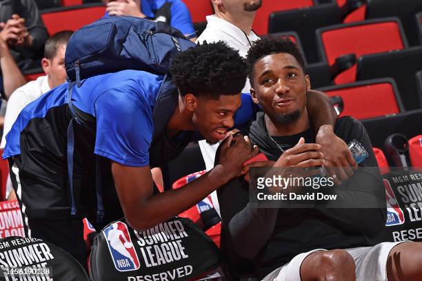 Las Vegas, NV Amile Jefferson of the Orlando Magic and Donovan Mitchell of the Utah Jazz talk during the game between the Charlotte Hornets and the...