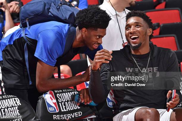 Las Vegas, NV Amile Jefferson of the Orlando Magic and Donovan Mitchell of the Utah Jazz talk during the game between the Charlotte Hornets and the...
